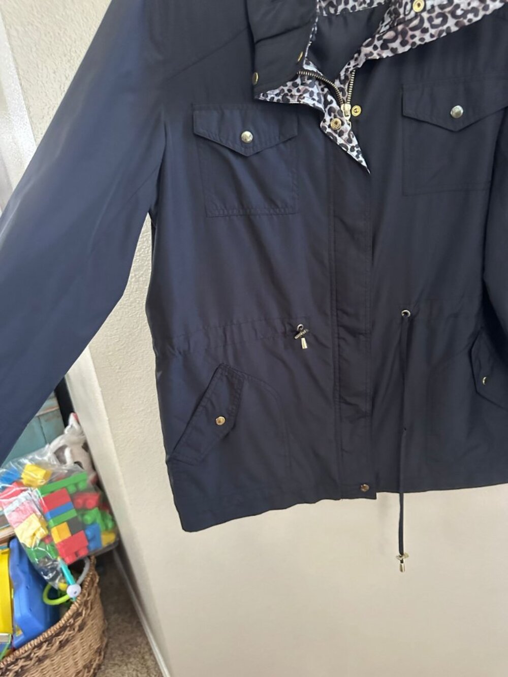 JM Collection Womens Black Jacket Medium Leopard Trim Polyester Drawstring & Zip - Picture 4 of 7